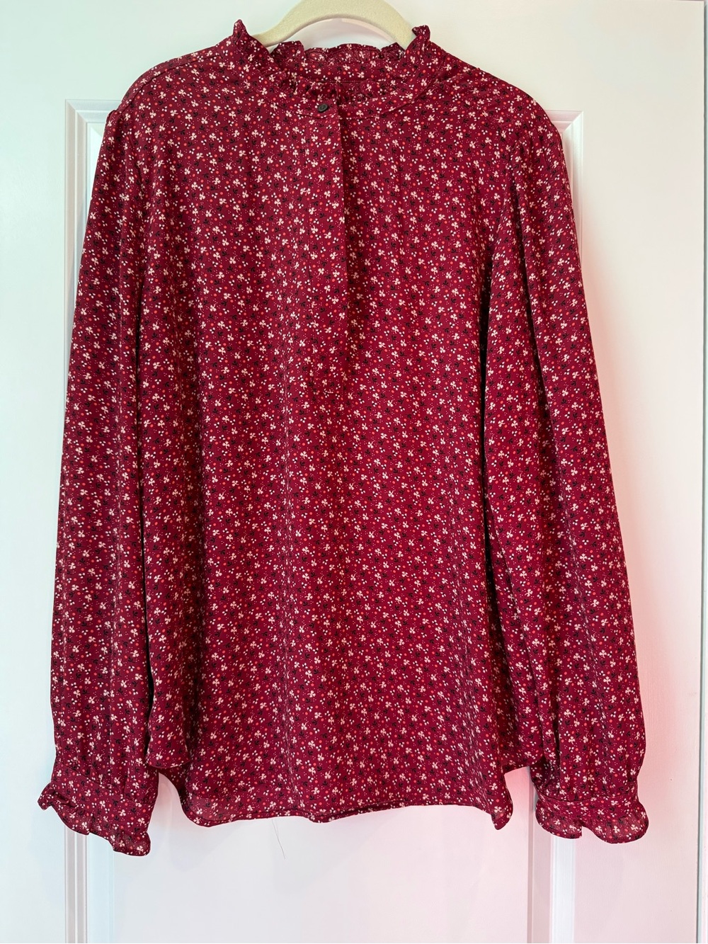 LOFT Burgundy Floral Ruffle-Neck Blouse